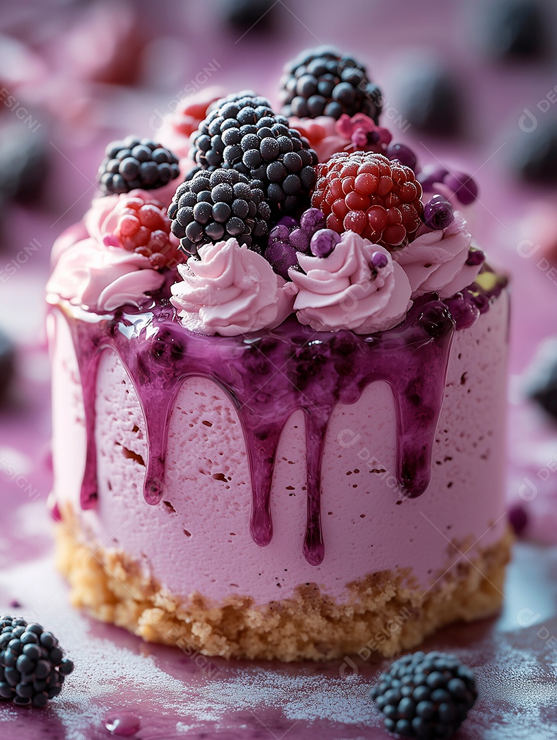 Lindo bolo com uma cobertura rosa e frutas vermelhas no topo sobre fundo desfocado
