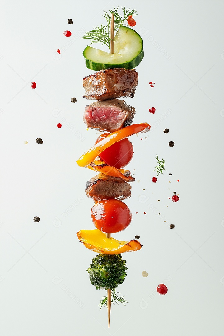 Delícioso espetinho de carne com legumes sobre fundo branco iolado