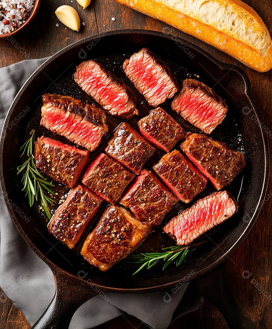 Carne em cubos mal passada em panela sobre mesa de madeira