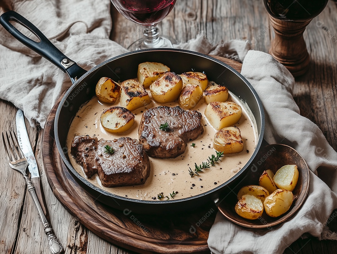 Carne em cubo ao molho com batatas em panela sobre mesa de madeira