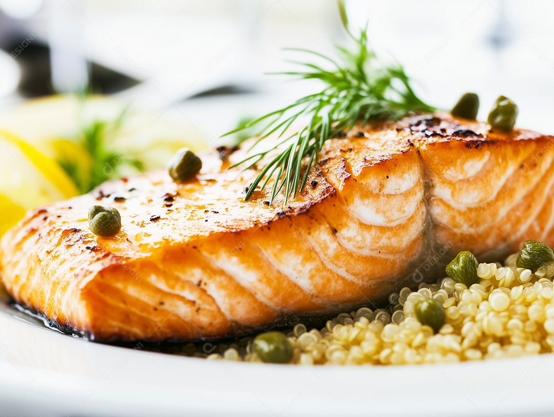 Filé de salmão grelhado ao ponto sobre fundo desfocado