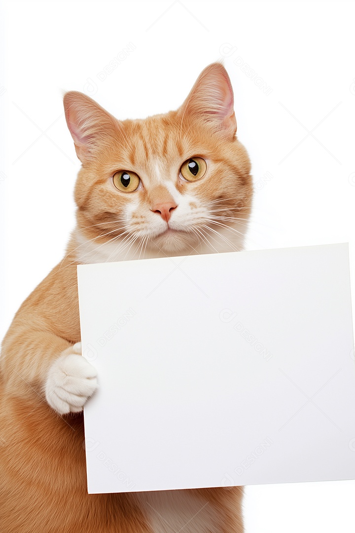 Lindo gatinho da cor caramelo com branco segurando placa em branco sobre fundo branco isolado