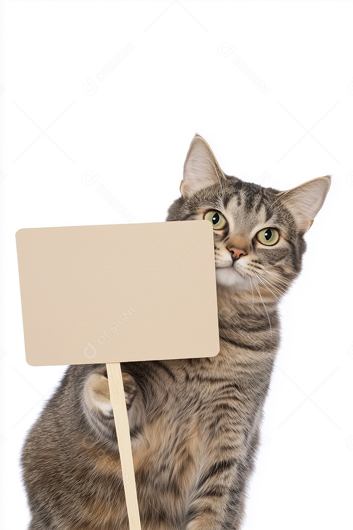 Lindo gatinho segurando placa em branco sobre fundo branco isolado