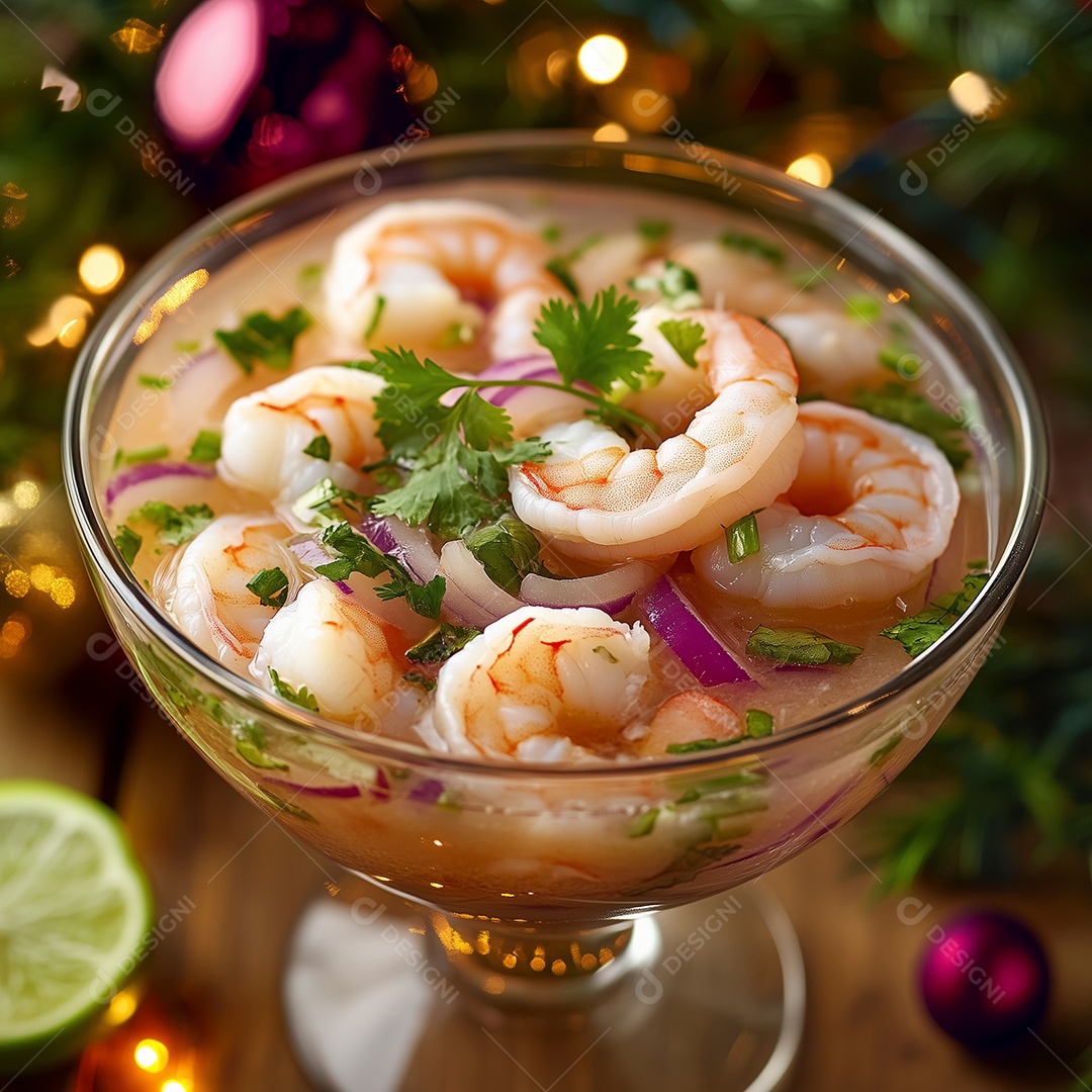 Delícioso camarão ao molho em taça de vidro sobre mesa de madeira