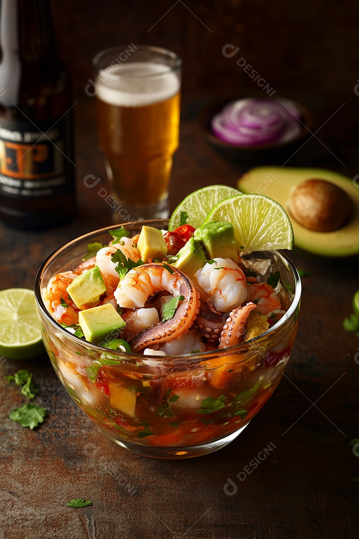 Camarão ao molho com frutas e legumes picados em tijela de vidro sobre mesa de madeira