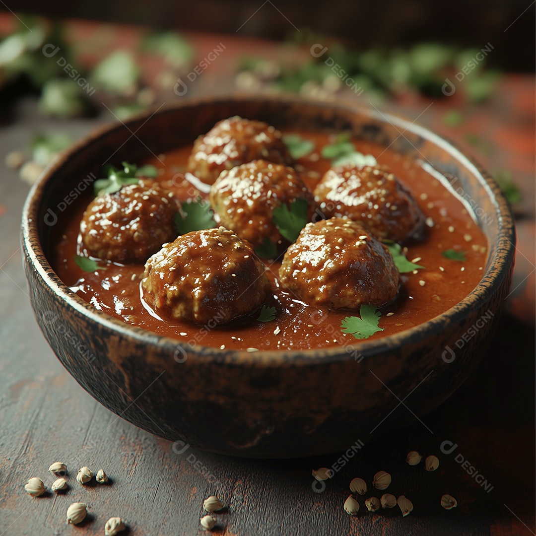 Almôndegas ao molho em tijela de madeira sobre mesa de madeira