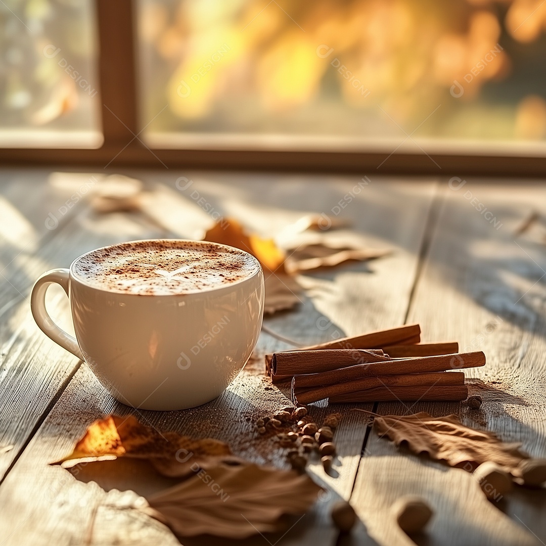 Cappuccino com canela em pó em caneca branca sobre mesa de madeira