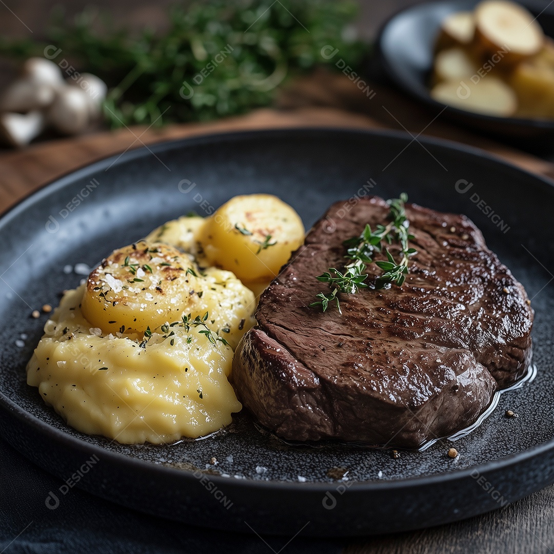 Filé de carne ao ponto com queijo coalho em panela sobre mesa de madeira