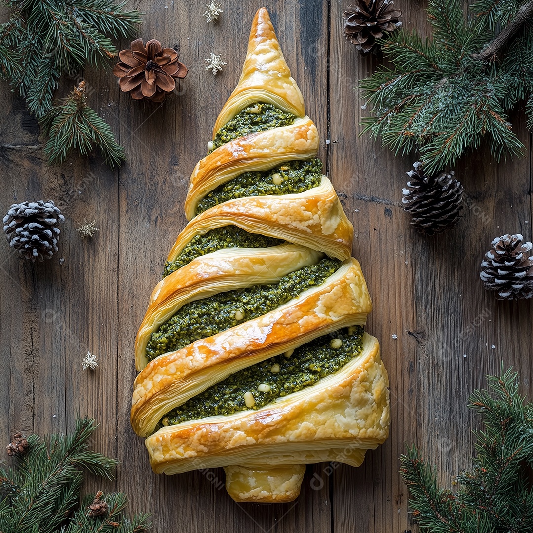 Pizza de espinafre em forma de pinheiro sobre mesa de madeira