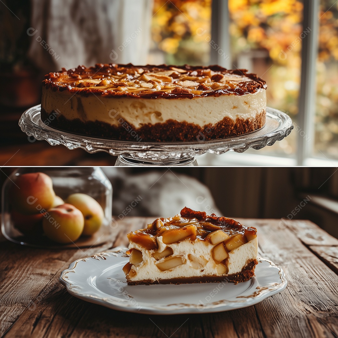 Lindas tortas de maçã em fatias e completa sobre mesa de madeira