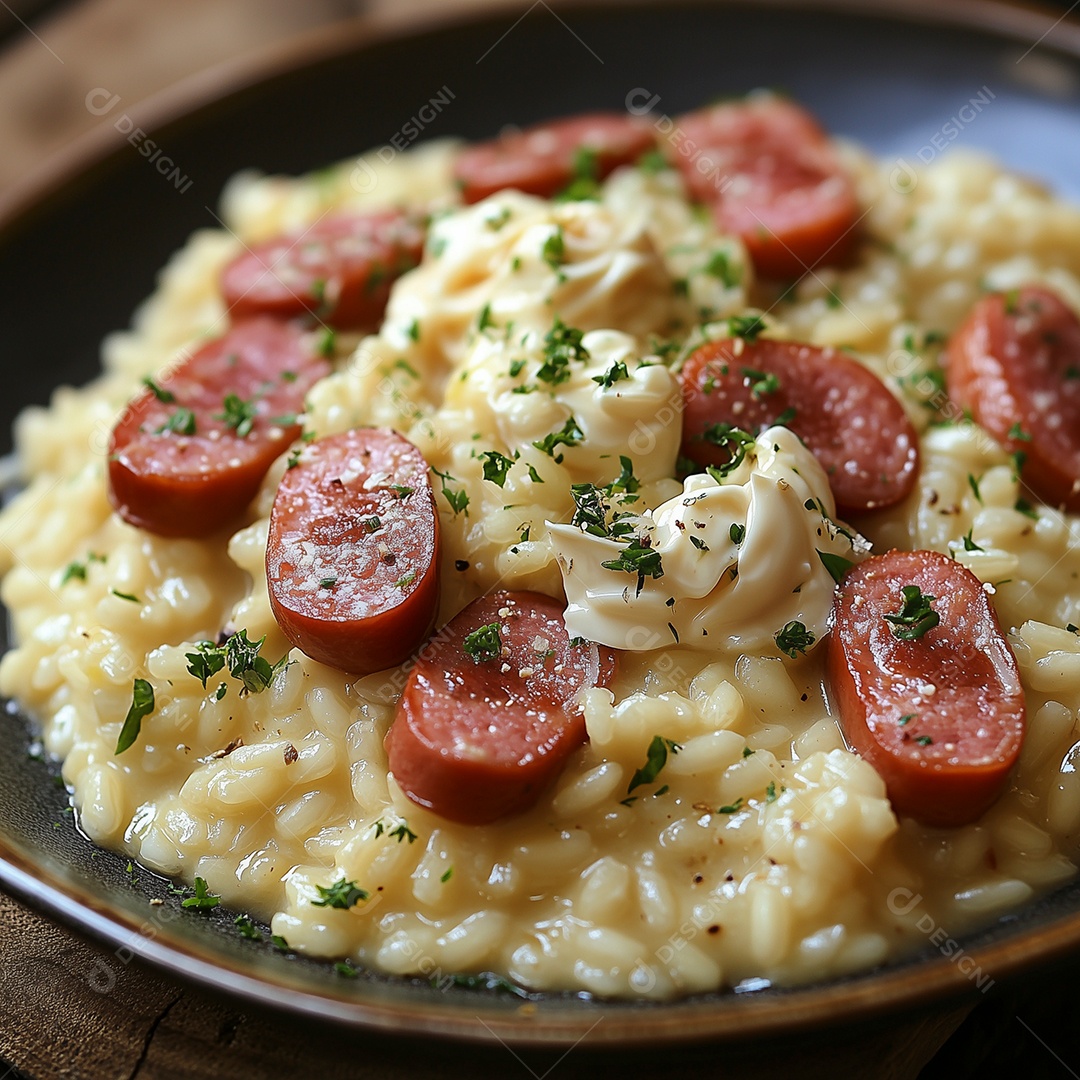 Delícioso arroz com calabresa com queijo coalho em um prato sobre mesa de madeira
