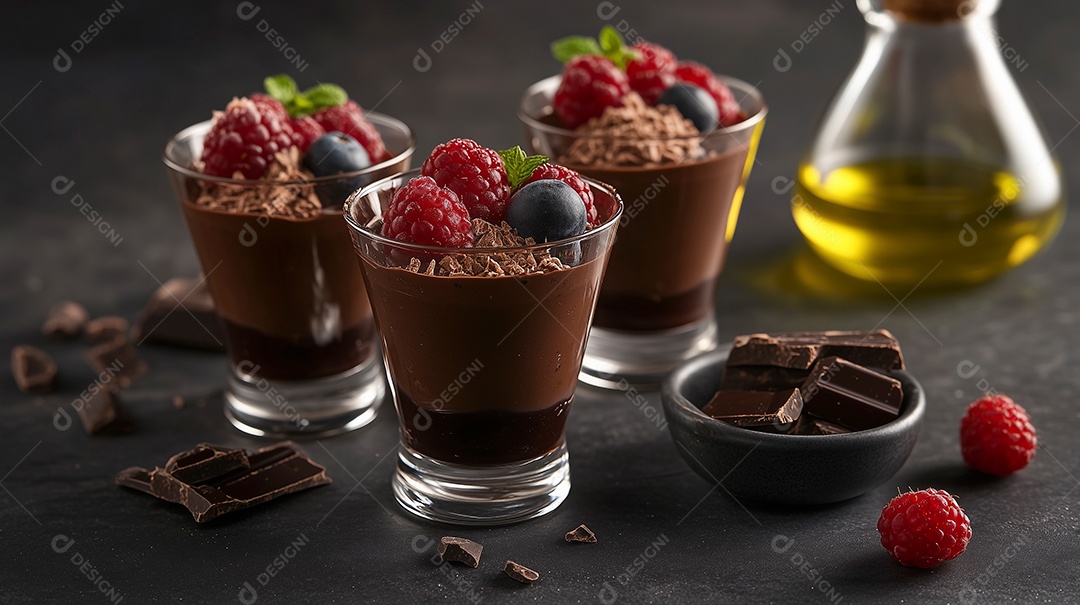 Delíciosos mouse de chocolate com franboesa sobre fundo isolado