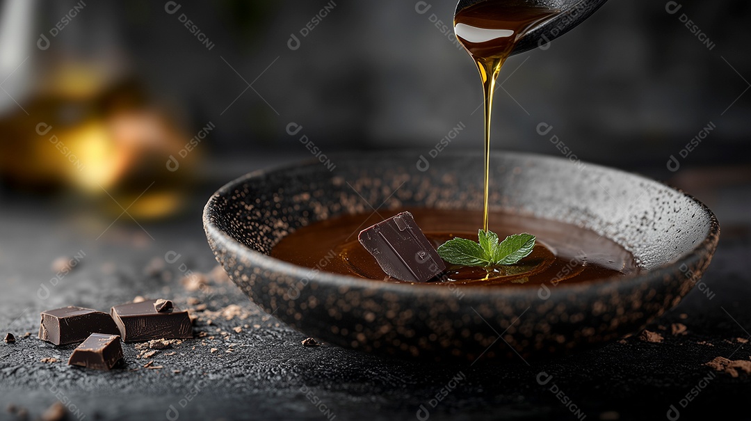 Caldo de chocolate caindo em tijela sobre mesa de madeira