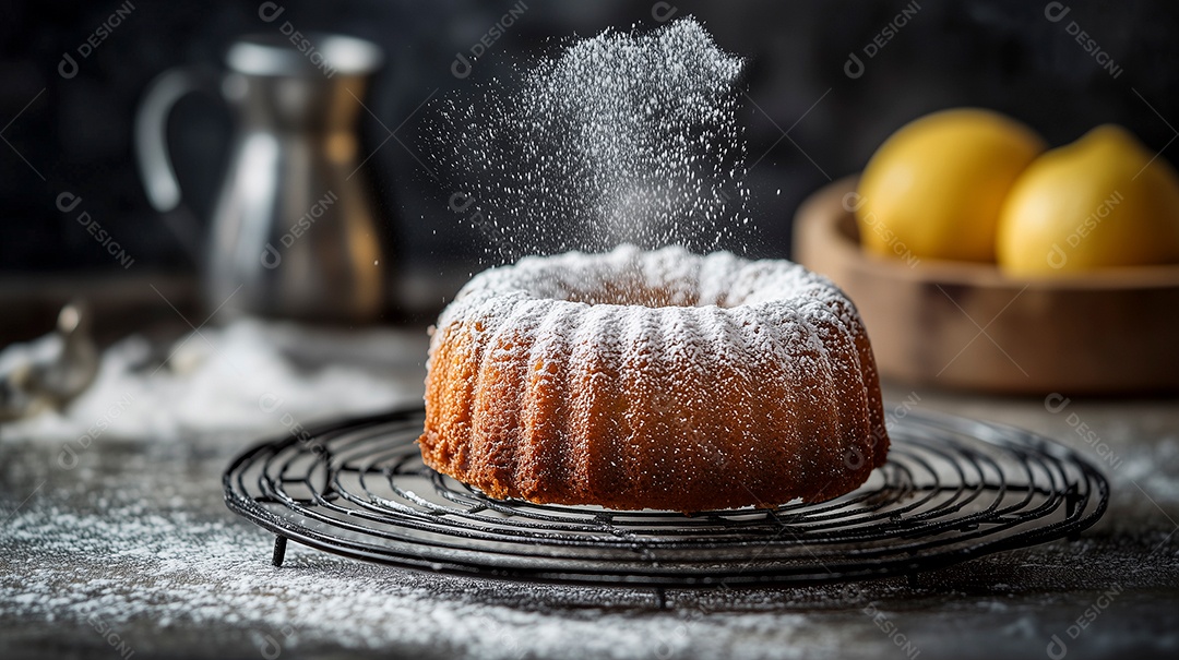 Lindo bolo com cobertura de cocó ralado em bandeija sobre mesa de madeira