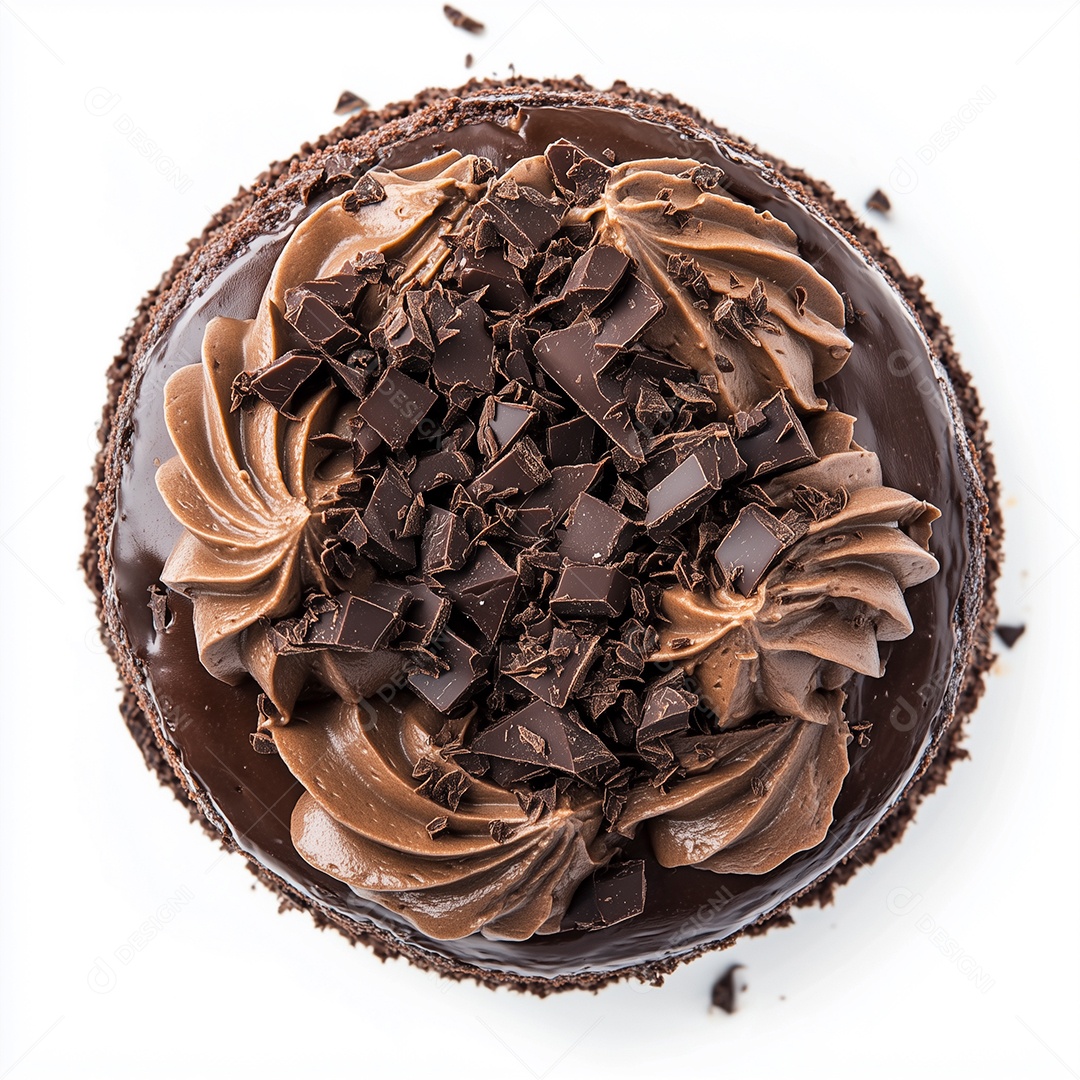 Visão ampla de mousse de chocolate sobre fundo branco isolado