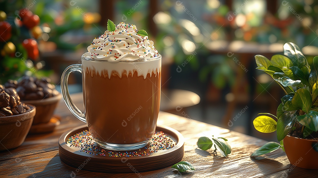 Cappuccino com chantily sobre mesa de madeira