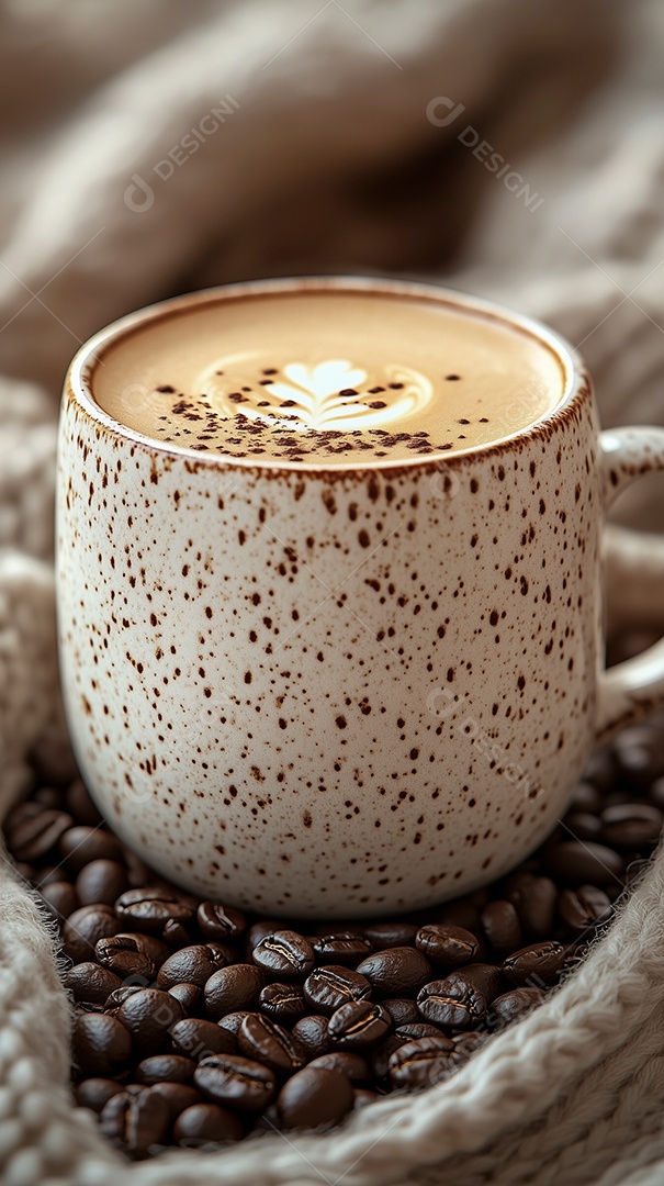 Lindo cappuccino cremoso em chícara sobre grãos de café