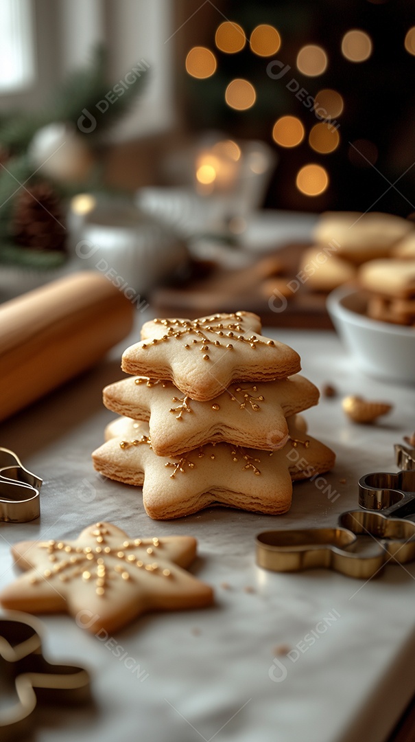 Biscoitos de gengibre em forma de estrela de natal sobre fundo desfocado