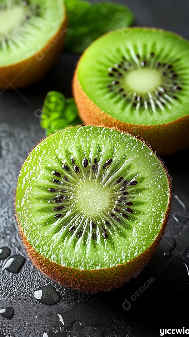 Fruto kiwi em fatia sobre fundo desfocado
