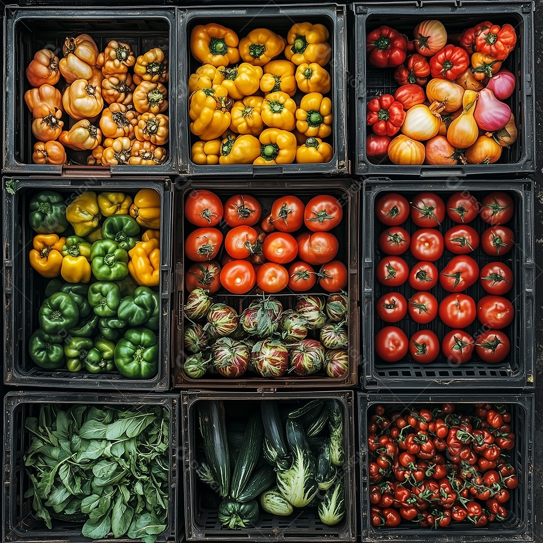 Visão ampla de caixas com verduras sobre fundo isolado