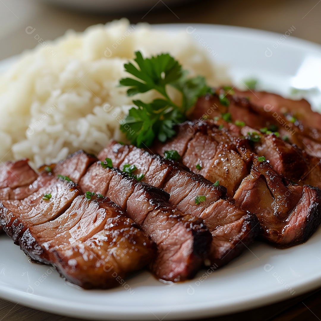 Linda refeição arroz carne salsa em umprato sobre mesa de madeira
