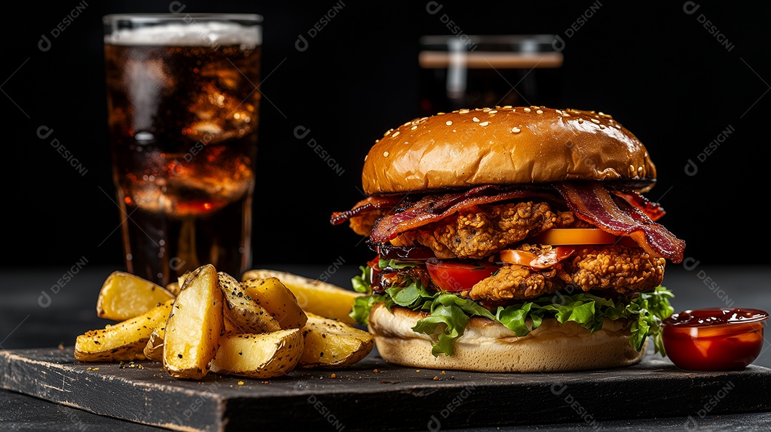 Délicioso hambúrguer com acompanhamento de batata frita e refrigerante em tábua de madeira sobre fundo desfocado