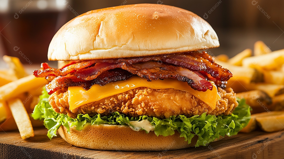 Delícioso hamburguer com batata frita de acompanhamento sobre tábua de madeira