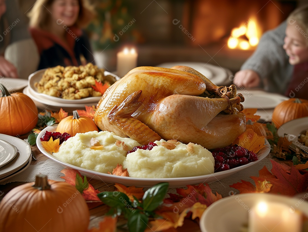 Lindo perú assado em bandeija sobre mesa de madeira