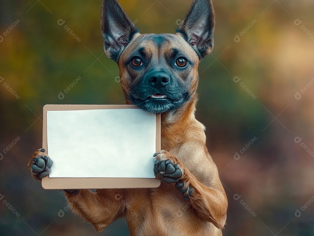 Lindo cachorro em pé segurando cartão em branco sobre fundo desfocado