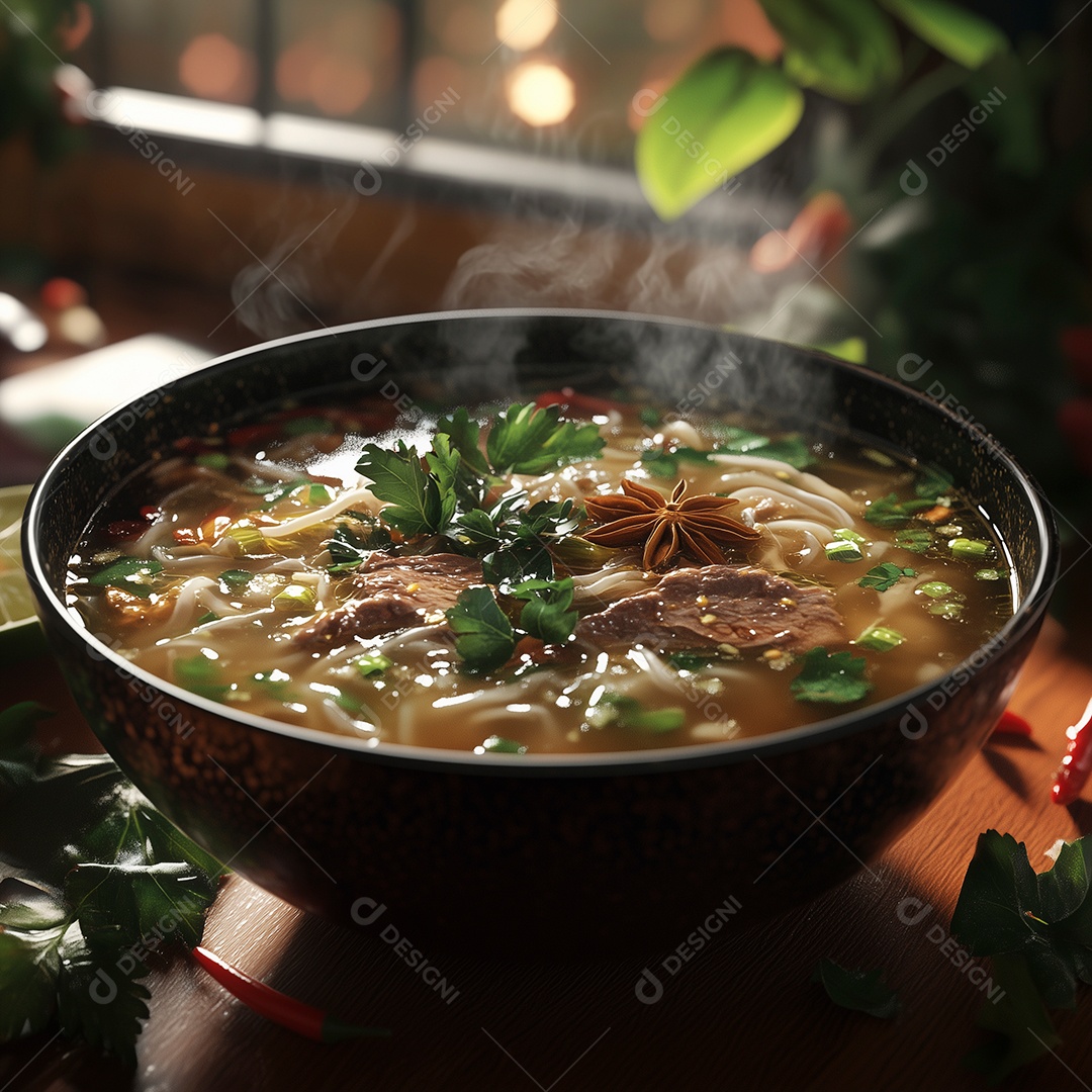 Sopa de carne desfiada com salsa em panela sobre fundo desfocado