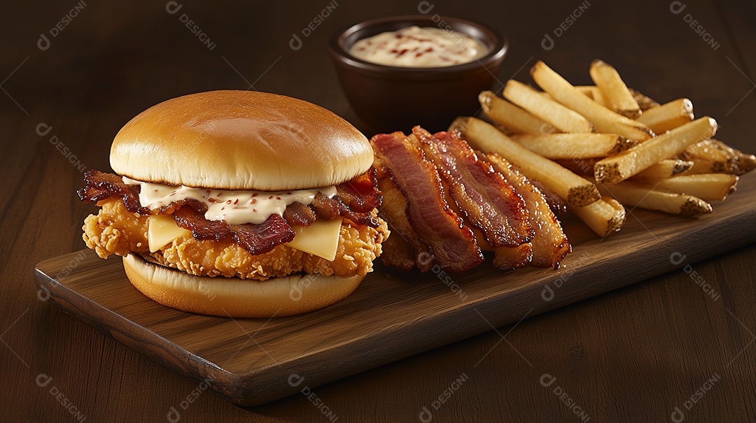 Delícioso hamburguer com batata frita e bacon de acompanhamento sobre tábua de madeira