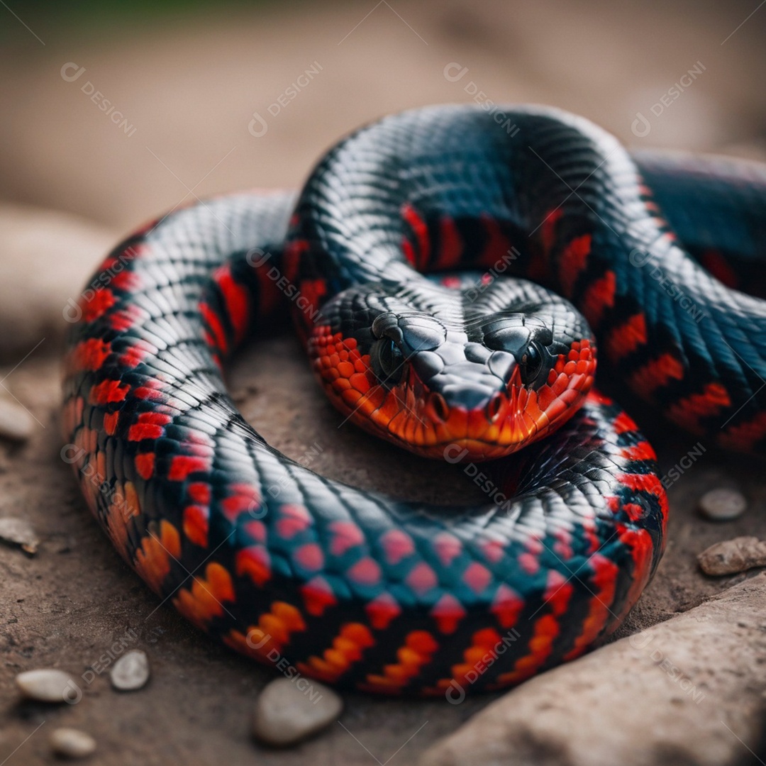 Linda cobra com coloração perfeita vermelha e preta sobre fundo desfocado