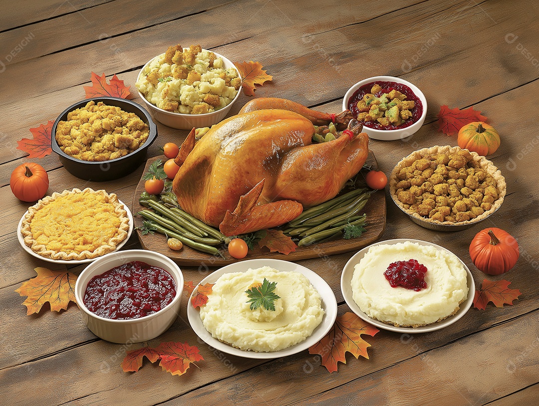 Variedades de comidas em um circulo sobre chão de madeira