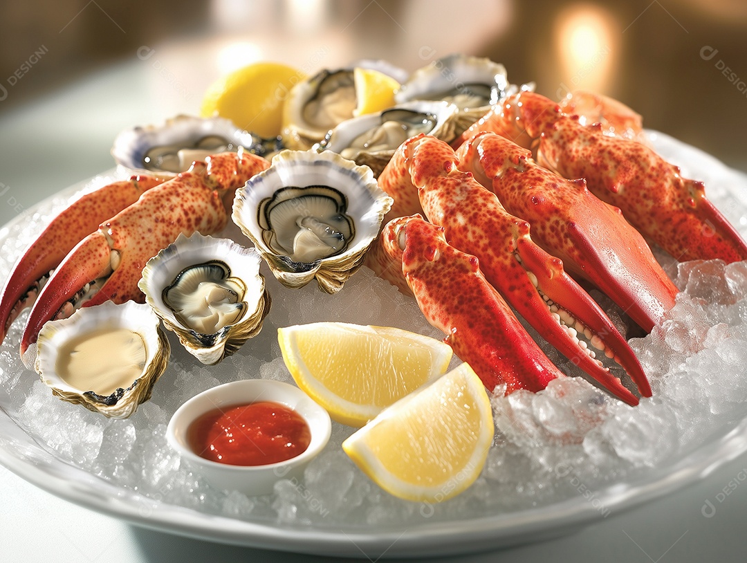 Frutos do mar em bandeija cheia de gelo sobre fundo desfocado