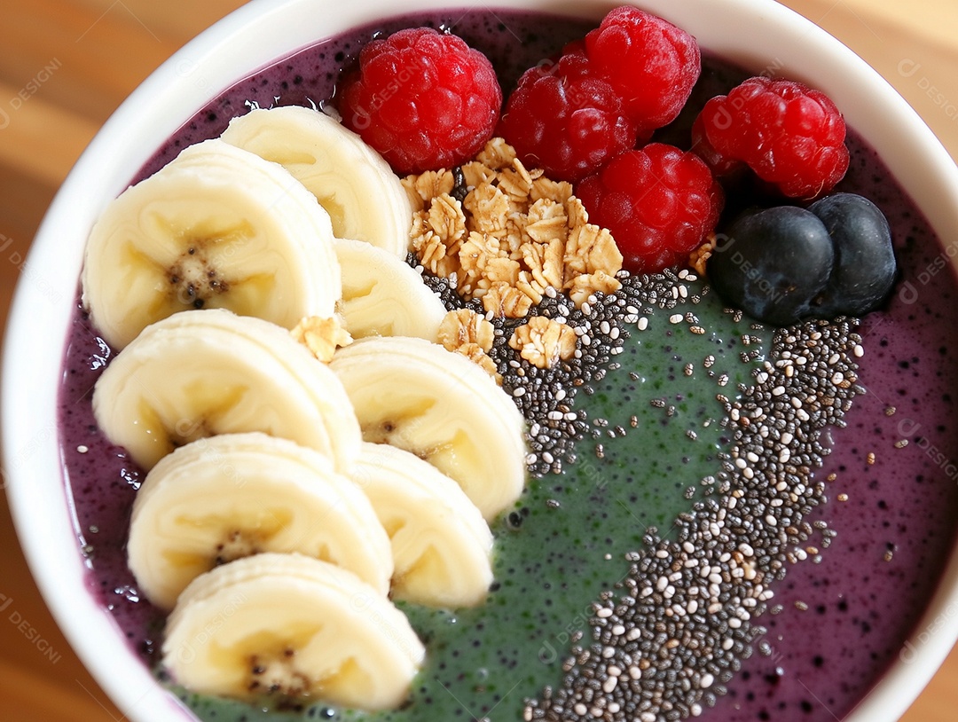 Lindo açai com acompanhamento de banana granolas frutas vermelhas sobre mesa de madeira