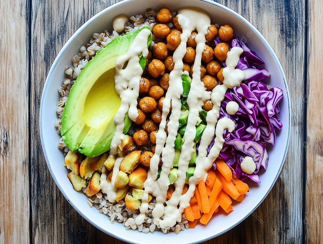 Tijela com frutas e grãos frescos sobre mesa de madeira