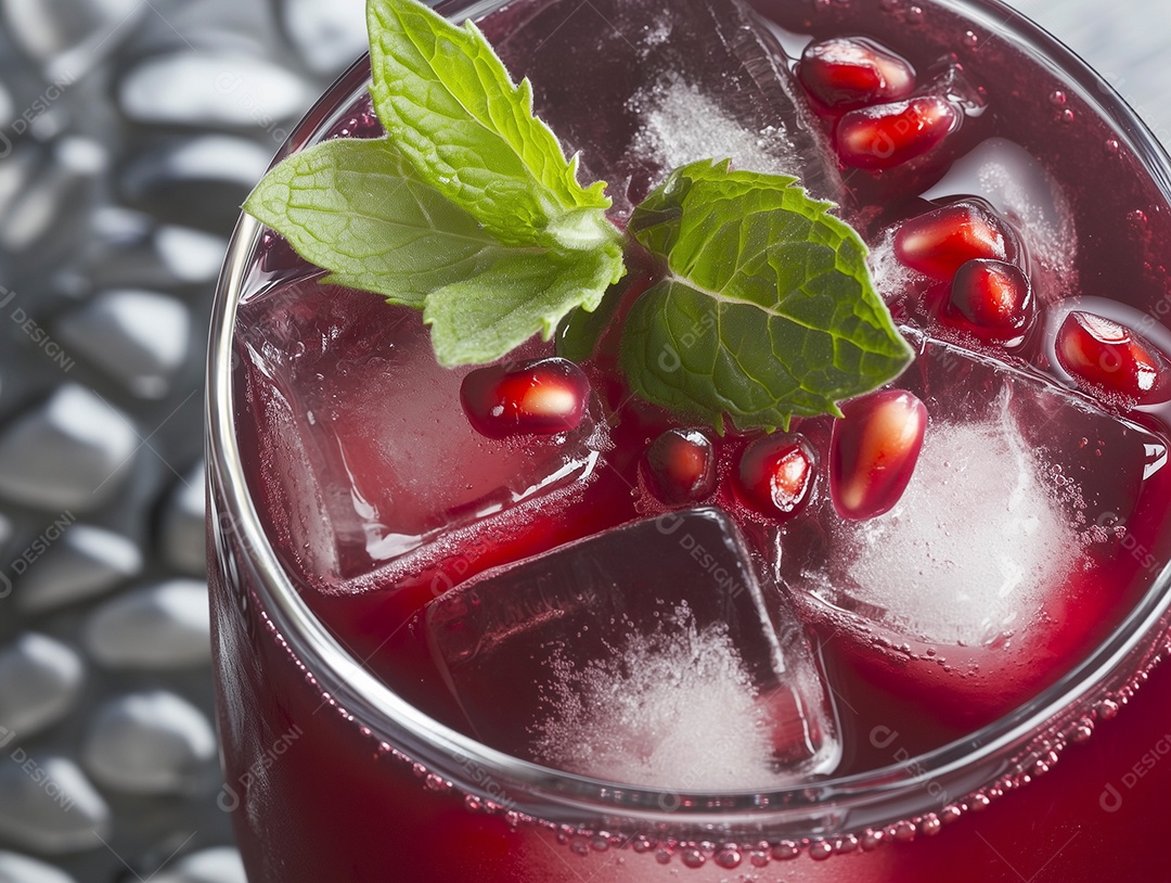 Bebida gelada de romã com gelo em taça sobre fundo isolado