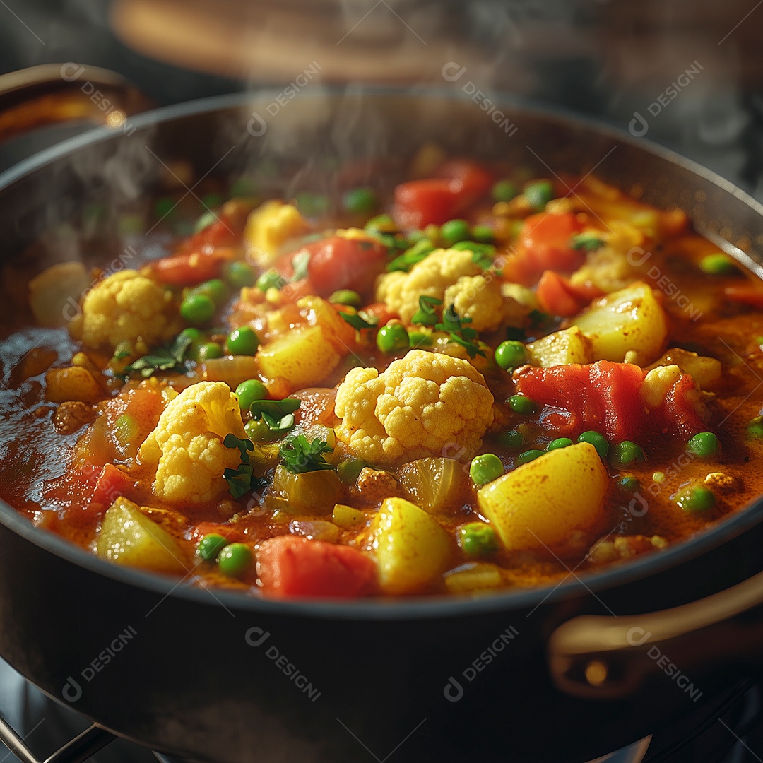 Comida com caldo e bastante legumes em panela de ferro sobre um fogão