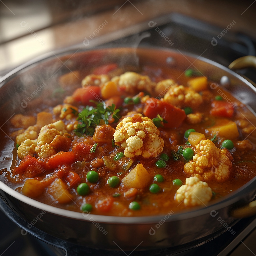 Comida com caldo e bastante legumes em panela de ferro sobre um fogão