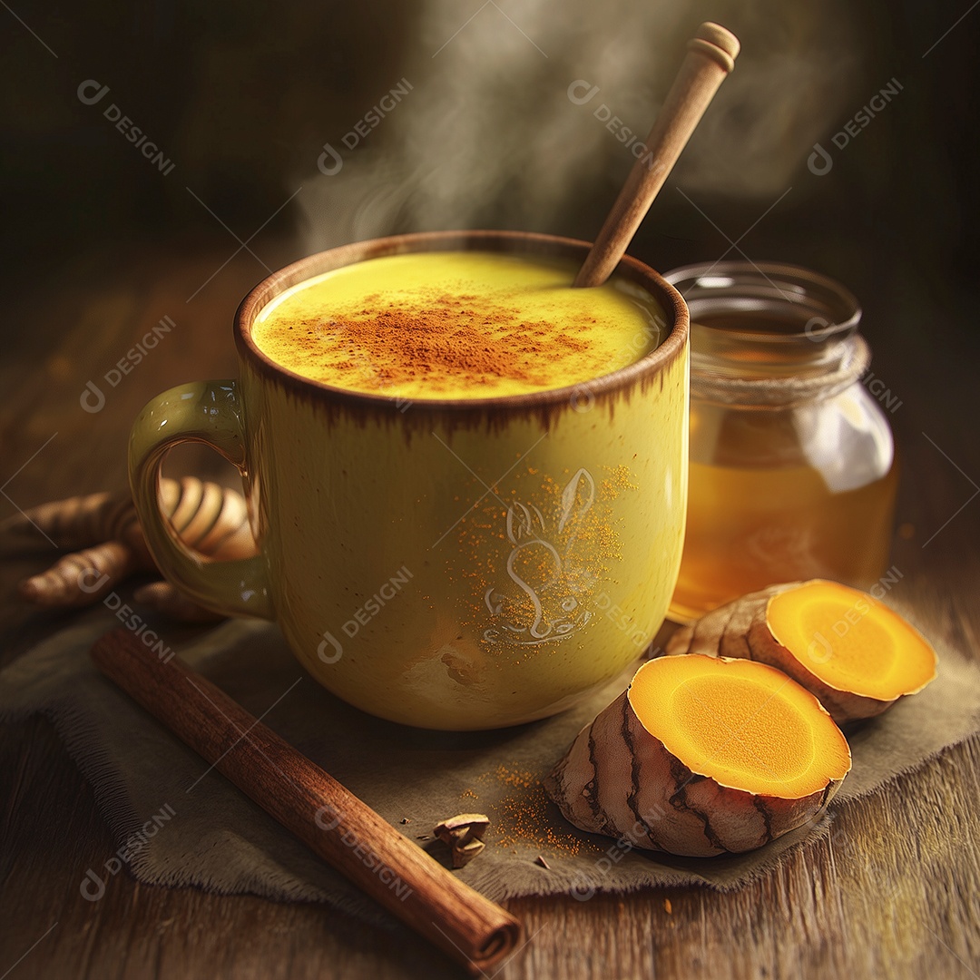 Delícioso chá de açafrão e canela em uma xícara sobre mesa de madeira