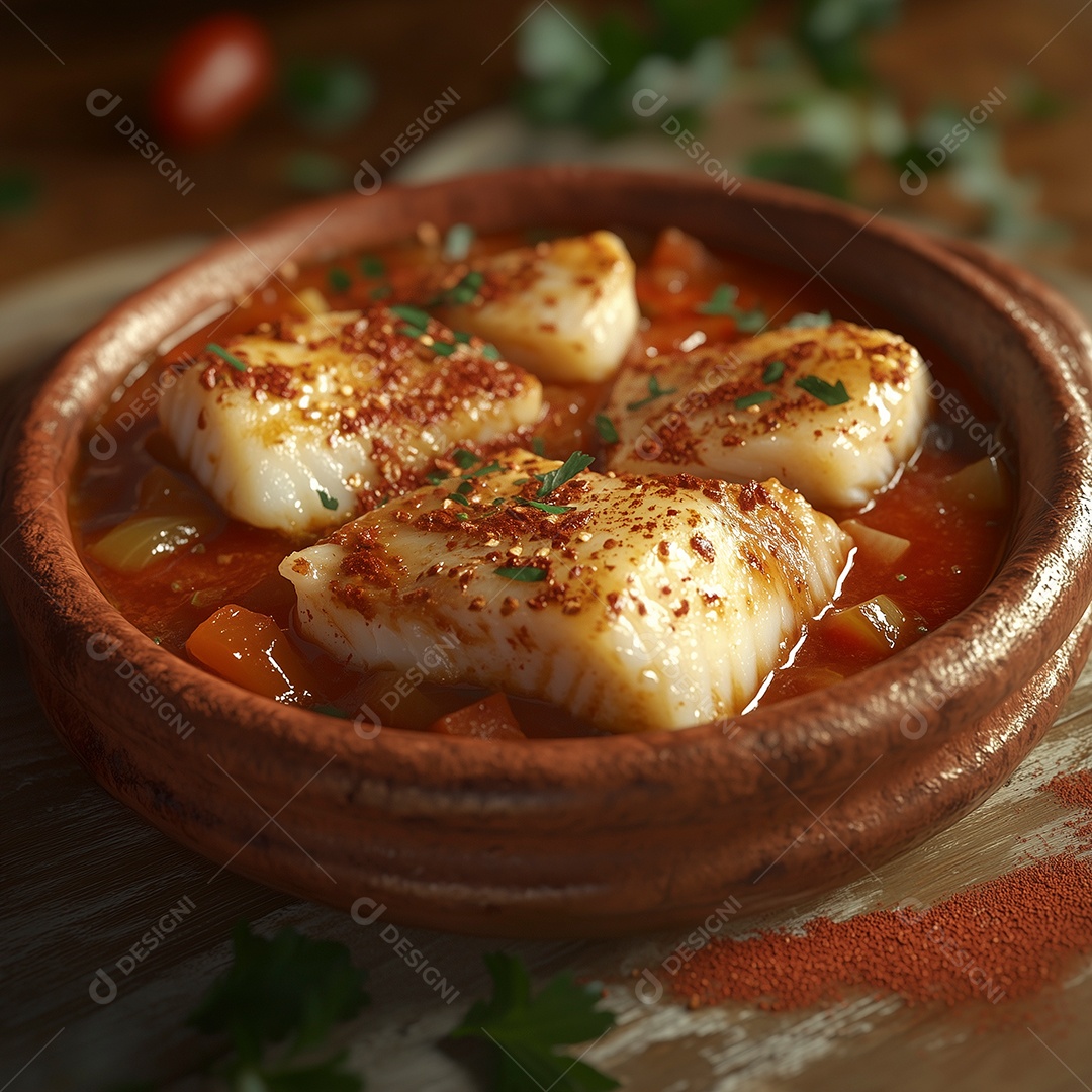Delíciosa sopa com filé de peixe em tijela de barro sobre uma mesa de madeira