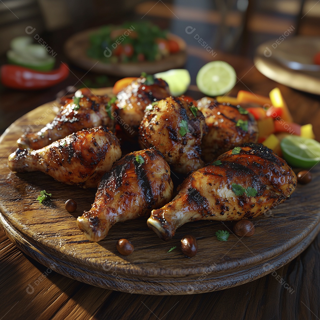 Coxas de galinha grelhada em tábua de madeira sobre mesa de madeira
