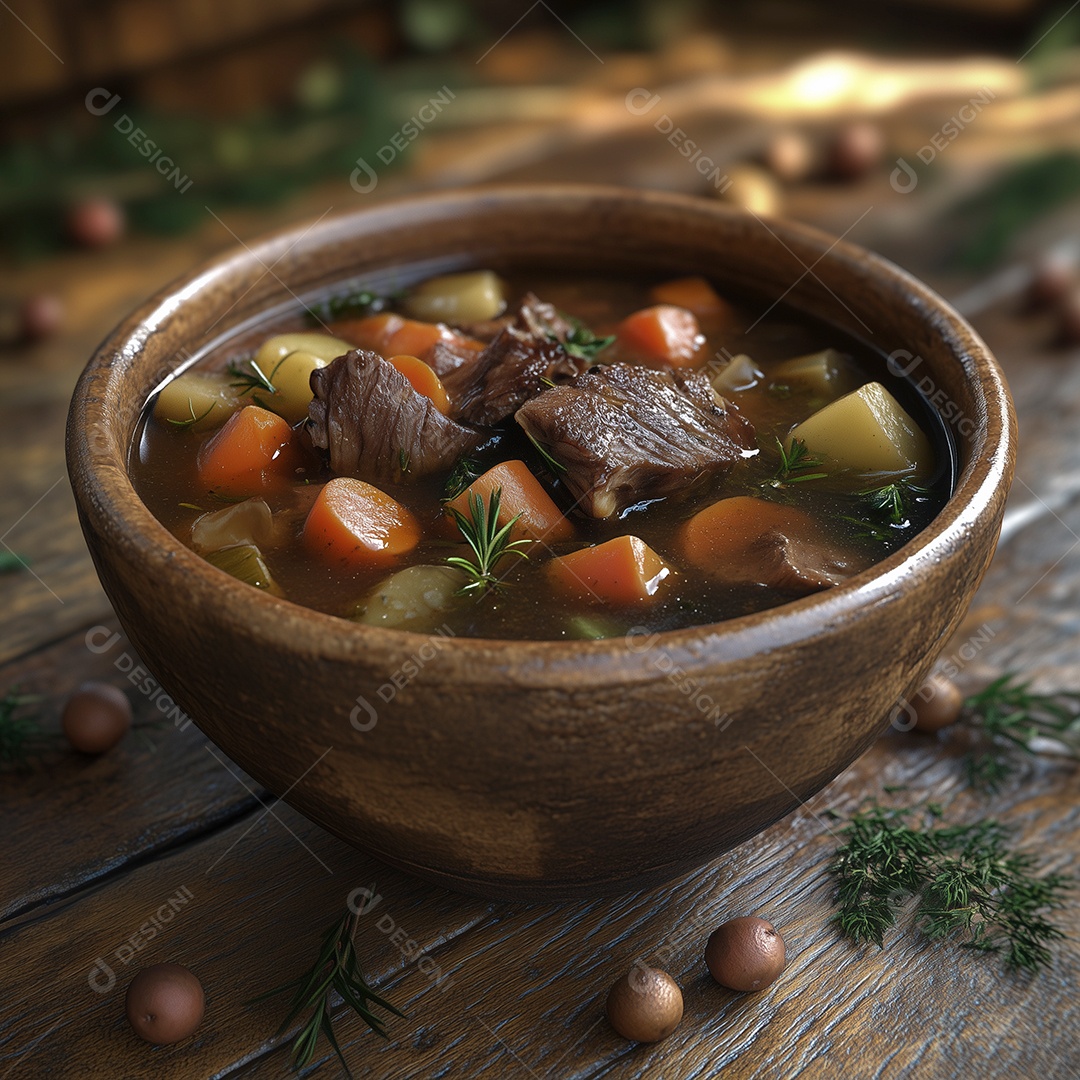 Sopa de carne em cubos com vegetais em tijela sobre mesa de madeira