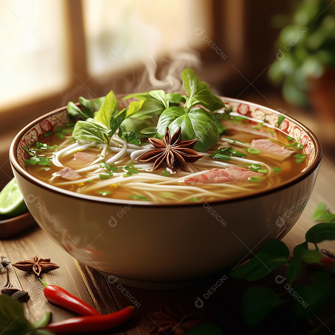 Sopa picante com ervas em tijela sobre mesa de madeira