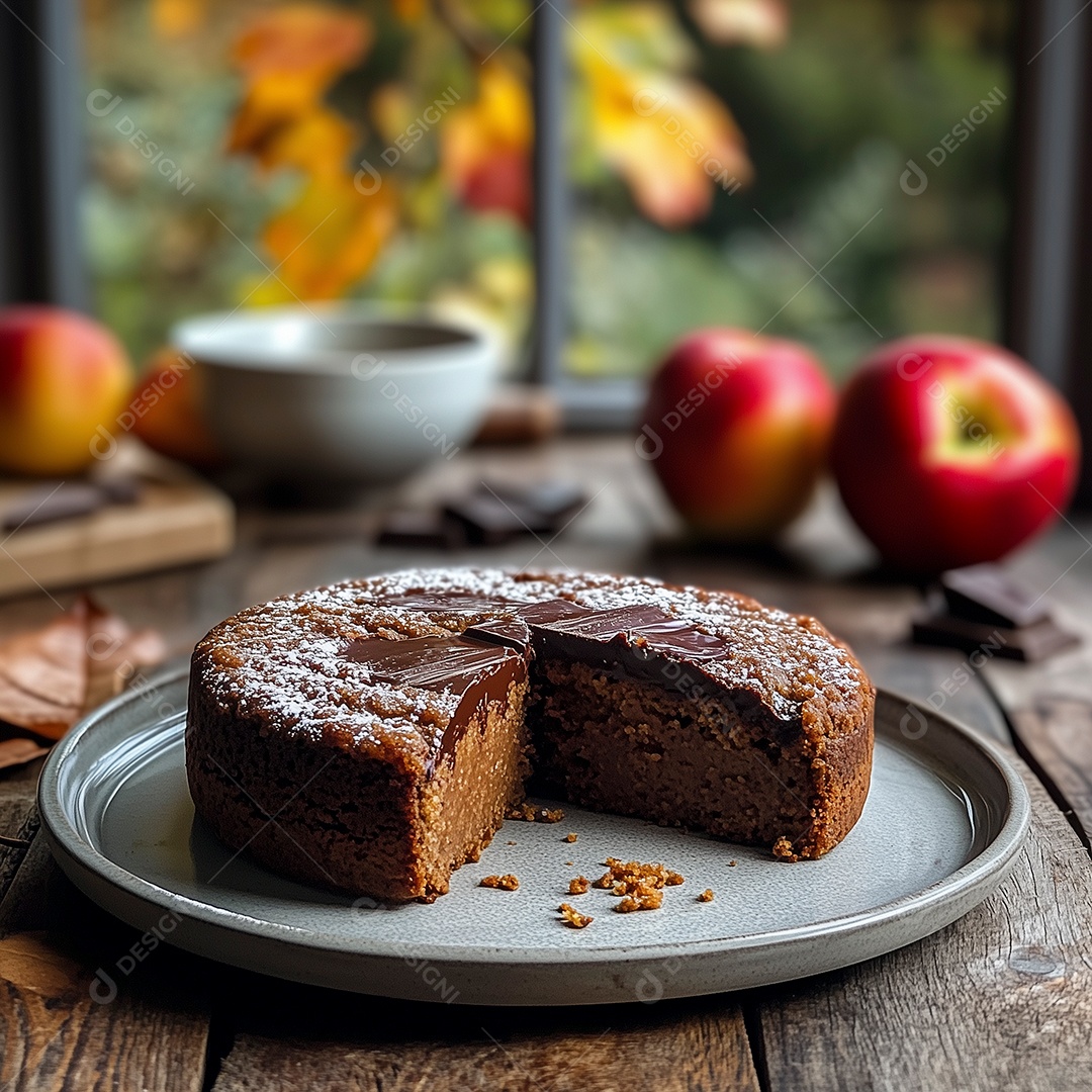 Lindo bolo de chocolate sobre mesa de madeira