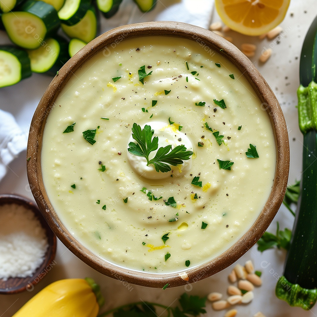 Purê de pepino com salsinha em tijela de barro sobre mesa de madeira