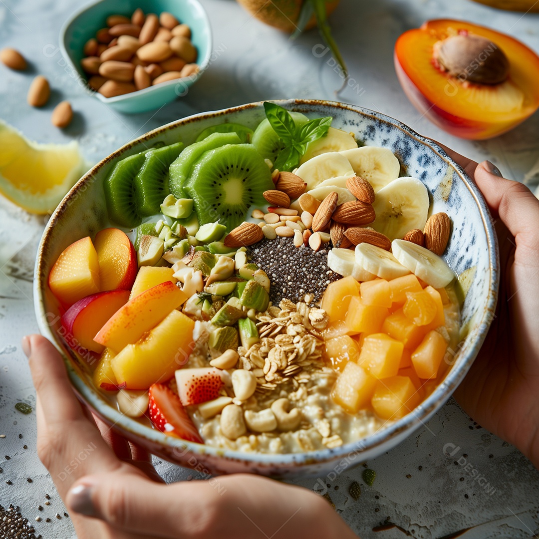 Mão de mulher segurando tijela rechiada de frutas e aveia