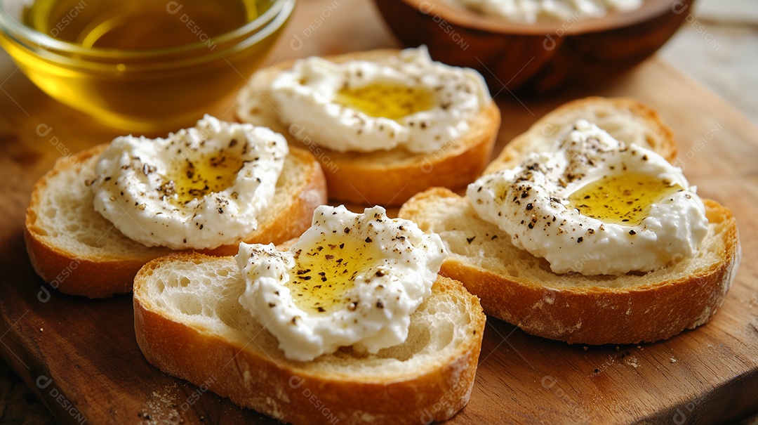 Delíciosa torrada com queijo coalho com manteiga derretida sobre tábua de madeira