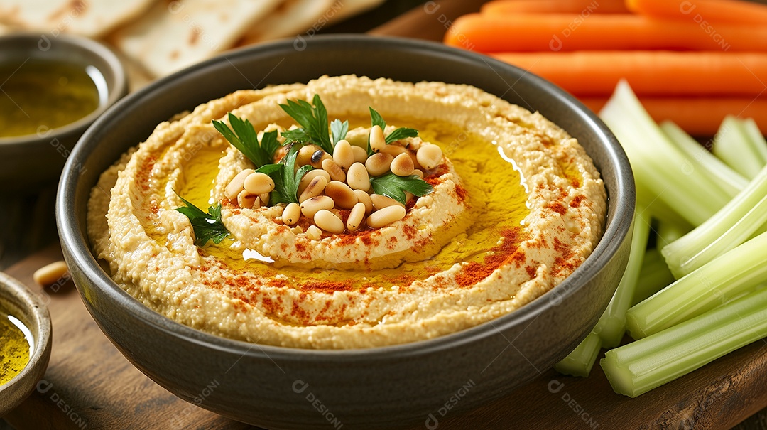 Purê com legumes e salsa em tijela sobre mesa de madeira