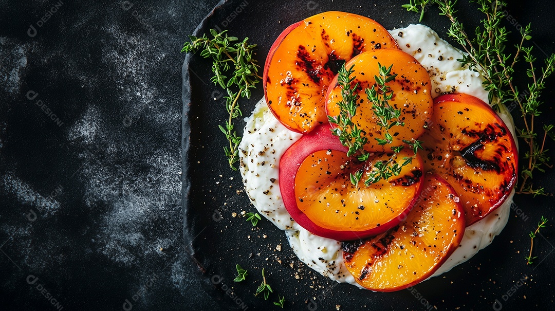 Queijo macio Burrata e pêssegos grelhados com ervas sobre fundo preto isolado
